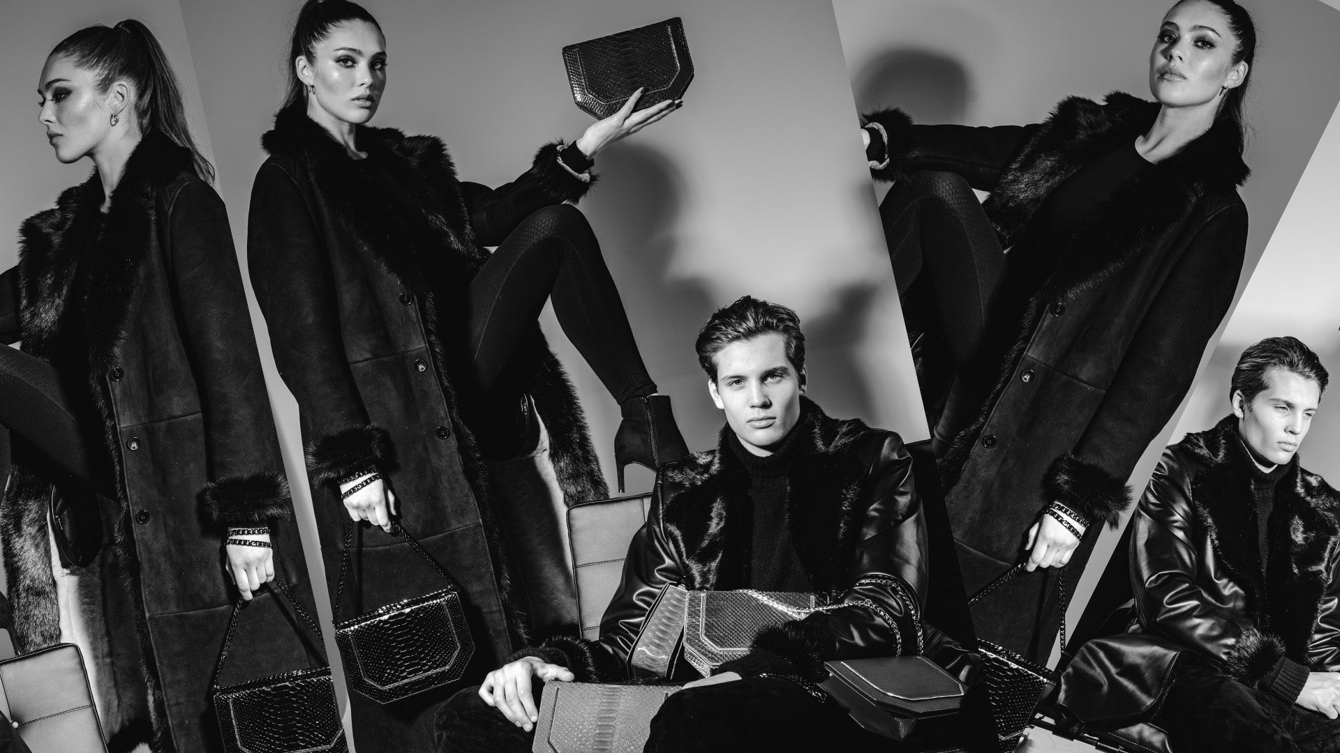 Black and white fashion advertisement with models wearing dark coats and holding bags.