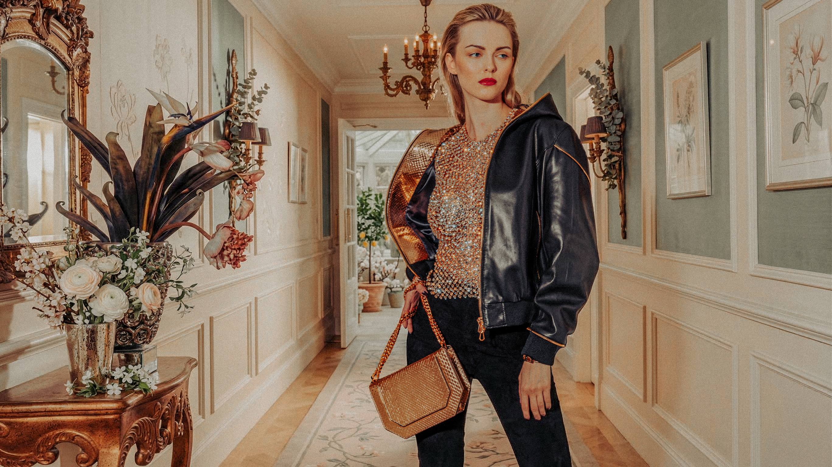 Woman in a stylish outfit standing in an elegant hallway with decorative elements.