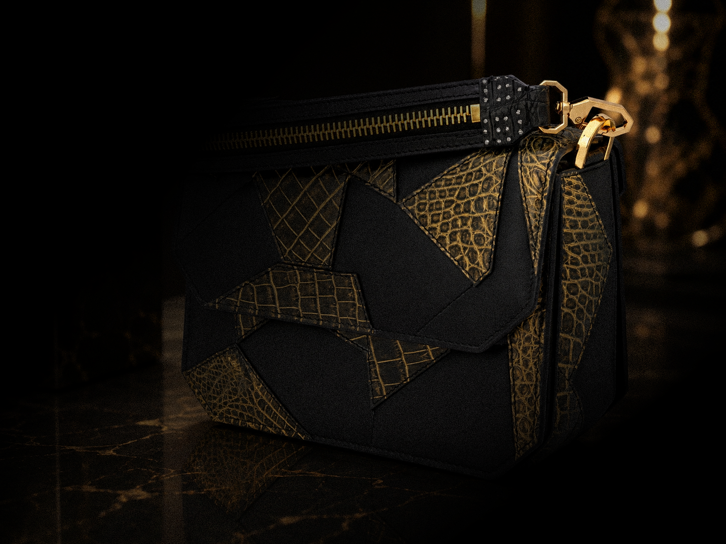 Black handbag with geometric pattern on a dark background